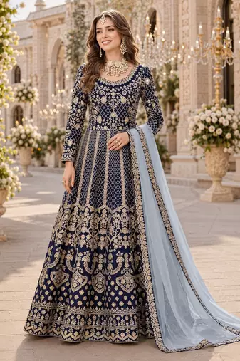 Navy blue embroidered art silk semi stitched anarkali suit