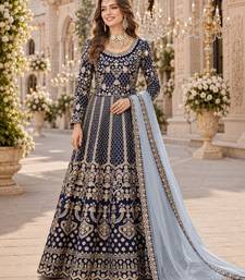 Navy blue embroidered art silk semi stitched anarkali suit