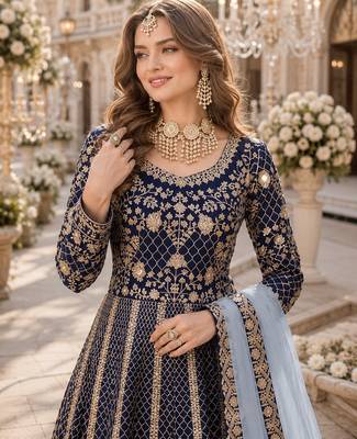 Navy blue embroidered art silk semi stitched anarkali suit 2