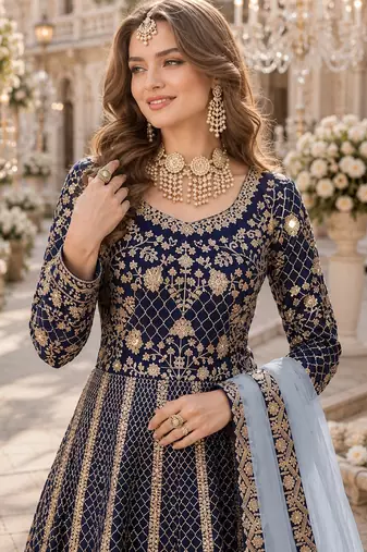 Navy blue embroidered art silk semi stitched anarkali suit