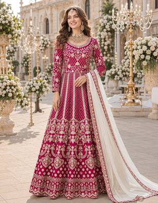 Red embroidered art silk semi stitched anarkali suit 1