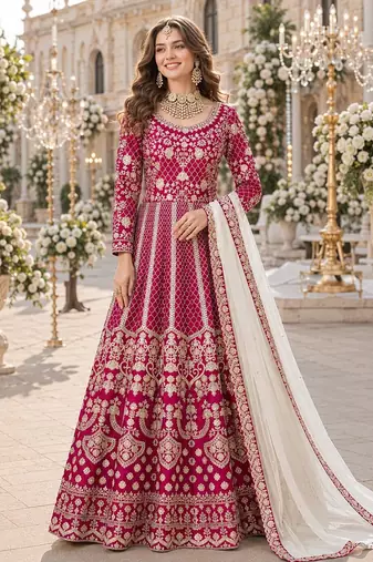 Red embroidered art silk semi stitched anarkali suit