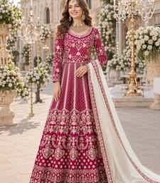 Red embroidered art silk semi stitched anarkali suit