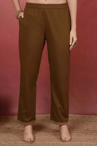 Brown silk blend embroidered kurta set