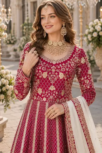 Red embroidered art silk semi stitched anarkali suit