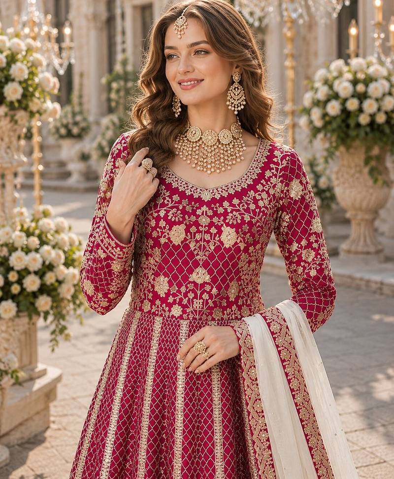 Red embroidered art silk semi stitched anarkali suit