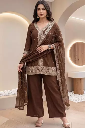 Women Ethnic Motifs Embroidered Regular Thread Work Kurta with Palazzos & With Dupatta