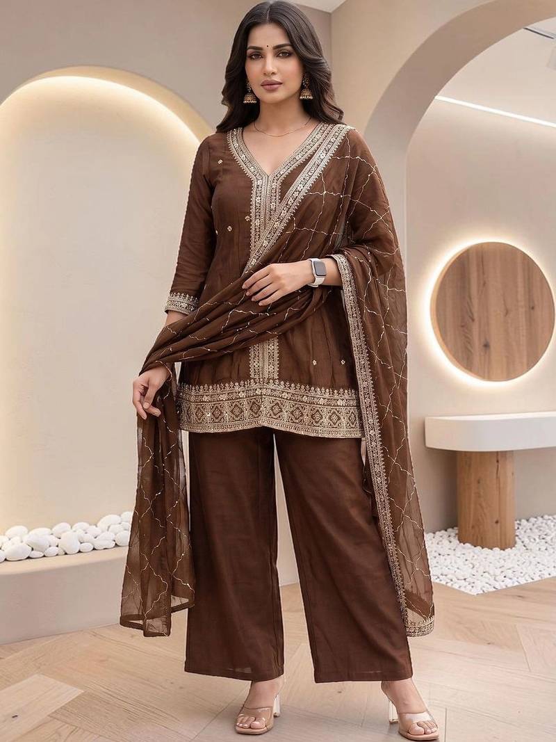 Women Ethnic Motifs Embroidered Regular Thread Work Kurta with Palazzos & With Dupatta