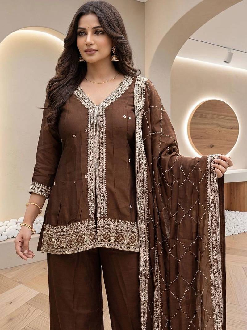 Women Ethnic Motifs Embroidered Regular Thread Work Kurta with Palazzos & With Dupatta