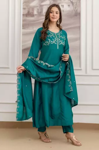 Teal-green silk blend embroidered kurta set