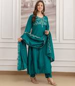 Teal-green silk blend embroidered kurta set