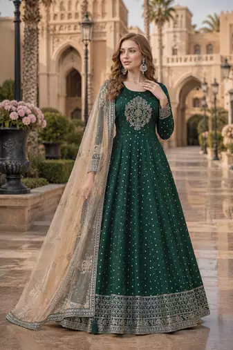 Green embroidered tapeta silk semi stitched anarkali suit