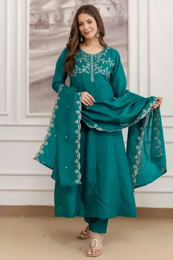 Teal-green silk blend embroidered kurta set