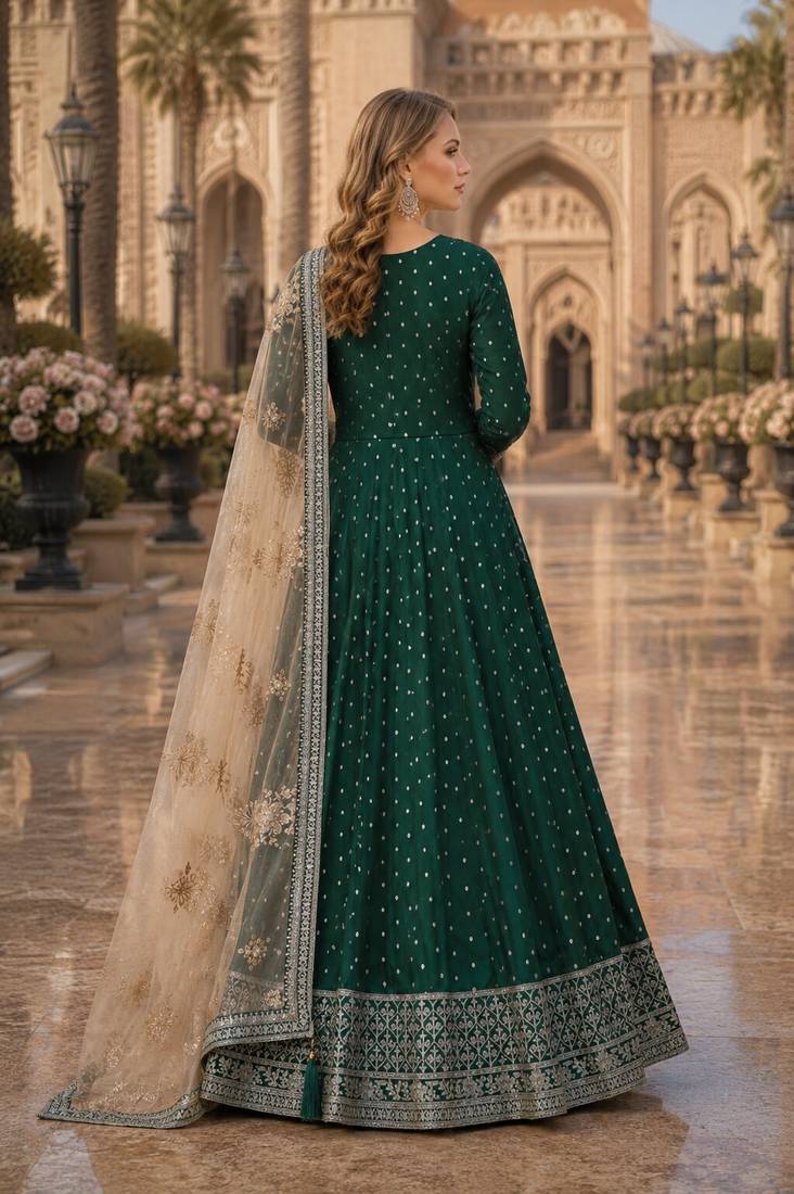 Green embroidered tapeta silk semi stitched anarkali suit