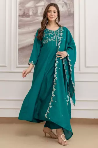 Teal-green silk blend embroidered kurta set