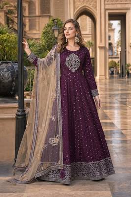 Purple embroidered tapeta silk semi stitched anarkali suit 1