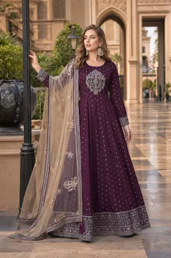 Purple embroidered tapeta silk semi stitched anarkali suit