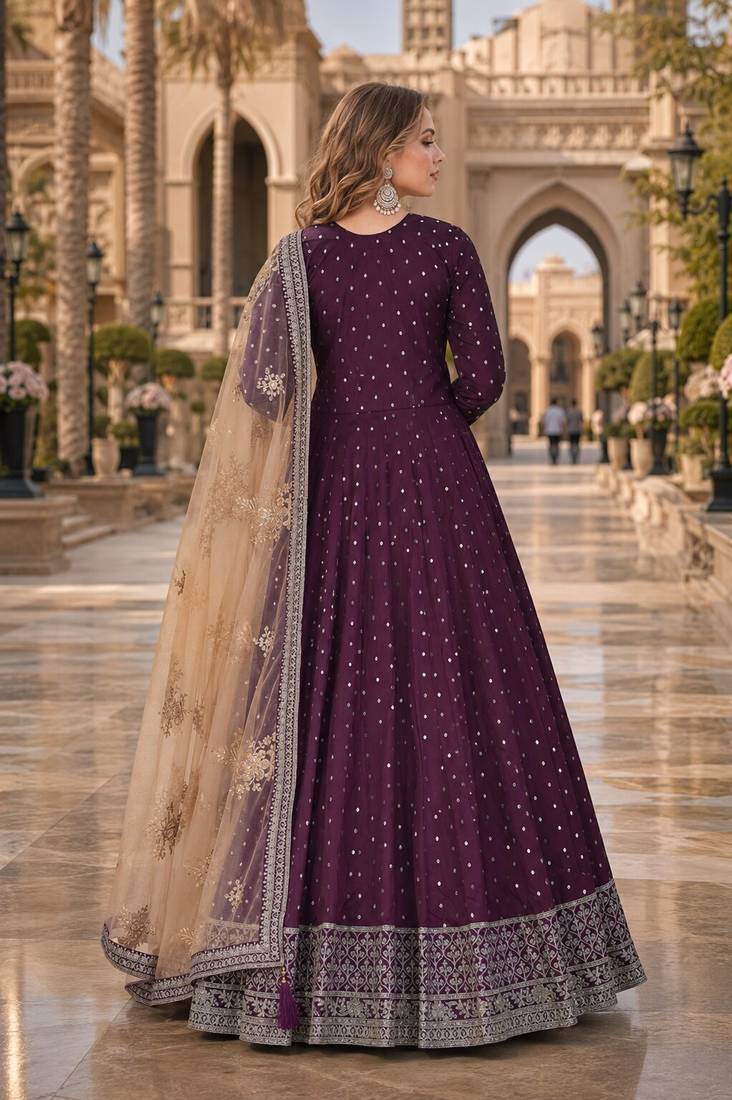 Purple embroidered tapeta silk semi stitched anarkali suit