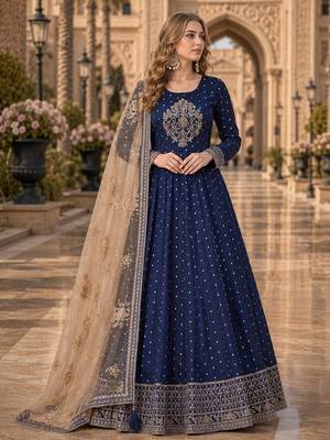 Navy blue embroidered tapeta silk semi stitched anarkali suit 1