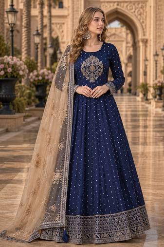 Navy blue embroidered tapeta silk semi stitched anarkali suit
