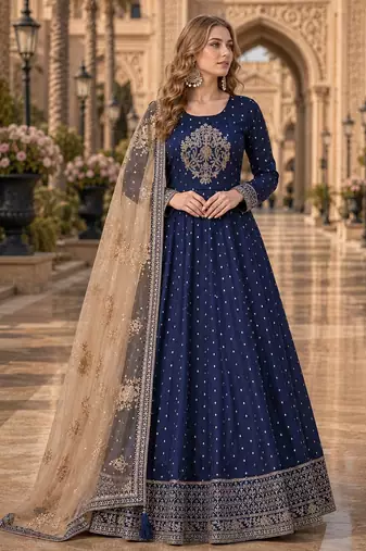 Navy blue embroidered tapeta silk semi stitched anarkali suit