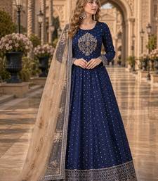 Navy blue embroidered tapeta silk semi stitched anarkali suit