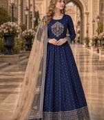 Navy blue embroidered tapeta silk semi stitched anarkali suit