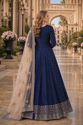 Navy blue embroidered tapeta silk semi stitched anarkali suit 2