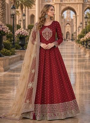 Maroon embroidered tapeta silk semi stitched anarkali suit 1