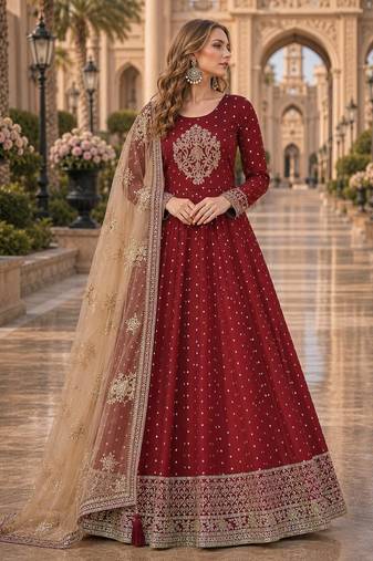 Maroon embroidered tapeta silk semi stitched anarkali suit