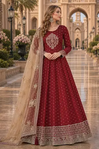 Maroon embroidered tapeta silk semi stitched anarkali suit