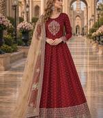 Maroon embroidered tapeta silk semi stitched anarkali suit