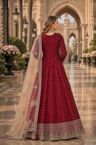 Maroon embroidered tapeta silk semi stitched anarkali suit