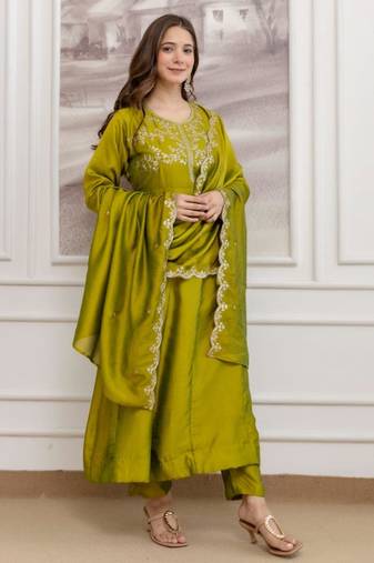 Olive silk blend embroidered kurta set