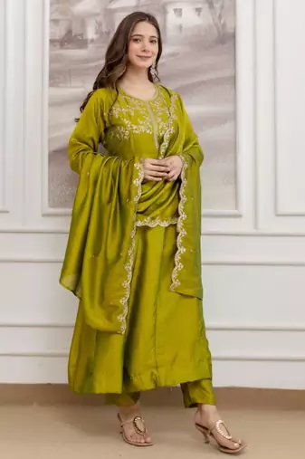 Olive silk blend embroidered kurta set