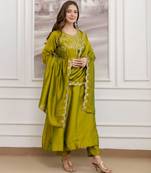 Olive silk blend embroidered kurta set