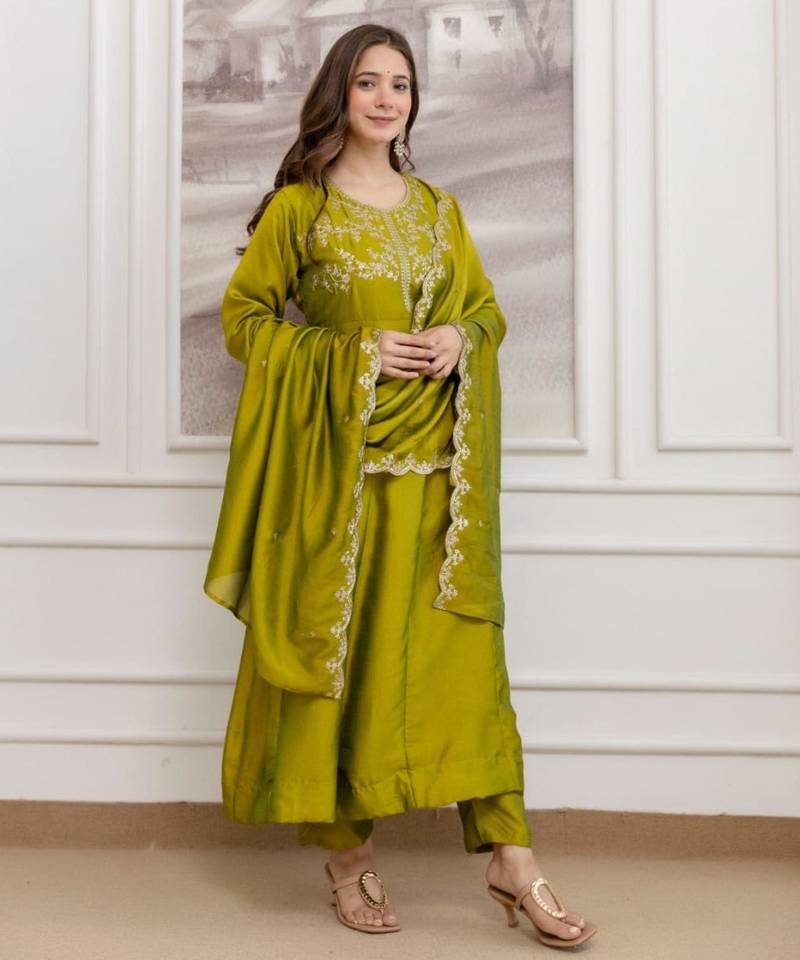 Olive silk blend embroidered kurta set