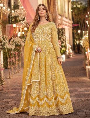 Yellow embroidered net semi stitched anarkali suit 1