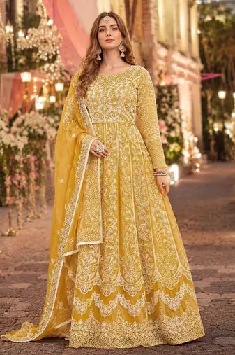 Yellow embroidered net semi stitched anarkali suit