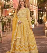 Yellow embroidered net semi stitched anarkali suit