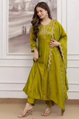 Olive silk blend embroidered kurta set