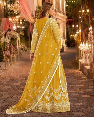 Yellow embroidered net semi stitched anarkali suit 2