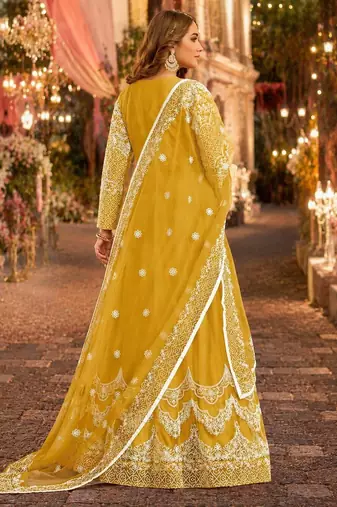 Yellow embroidered net semi stitched anarkali suit