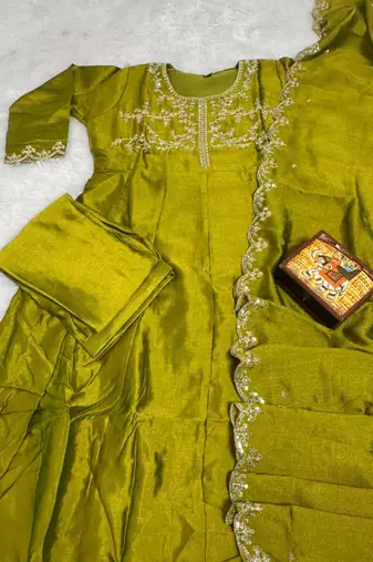 Olive silk blend embroidered kurta set