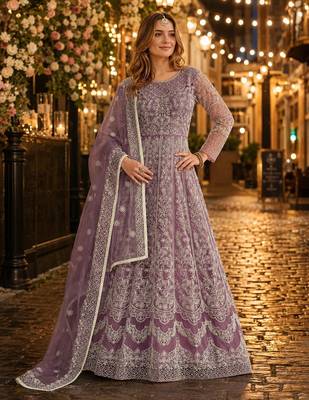 Lavender embroidered net semi stitched anarkali suit 1
