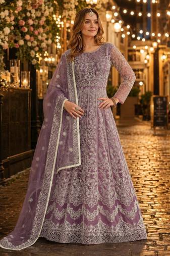 Lavender embroidered net semi stitched anarkali suit