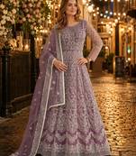 Lavender embroidered net semi stitched anarkali suit