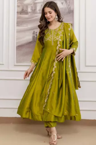 Olive silk blend embroidered kurta set
