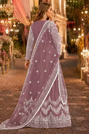 Lavender embroidered net semi stitched anarkali suit