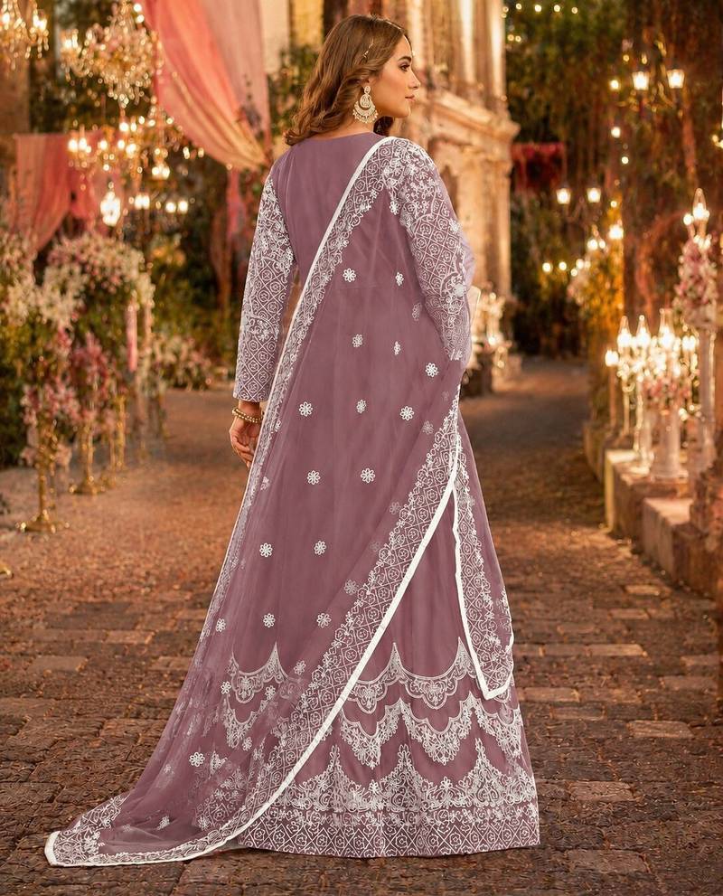 Lavender embroidered net semi stitched anarkali suit